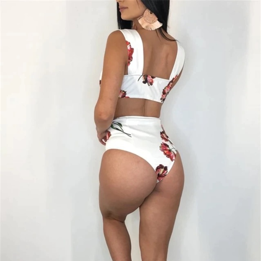 NWT L or XL white floral Spanish square neck hi waist - Picture 7 of 8